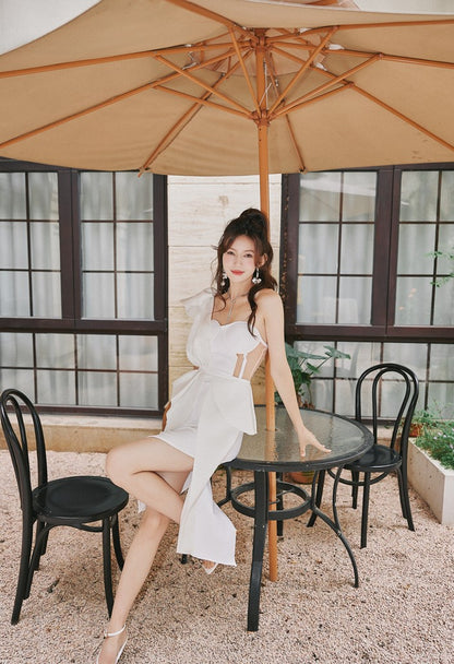 DOLLY Elegant Ruffled Off Shoulder Hollow Waist Irregular Hem Dinner Dress-NINA