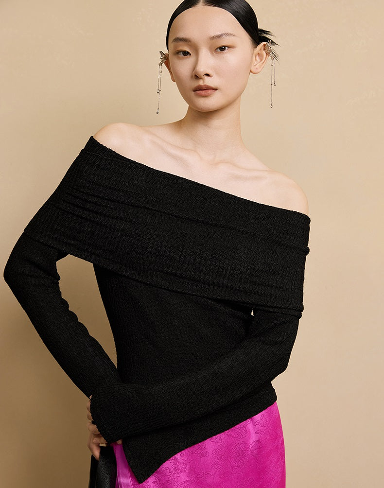 HECO stretch pleated off-the-shoulder long sleeve T-shirt - GRAD.