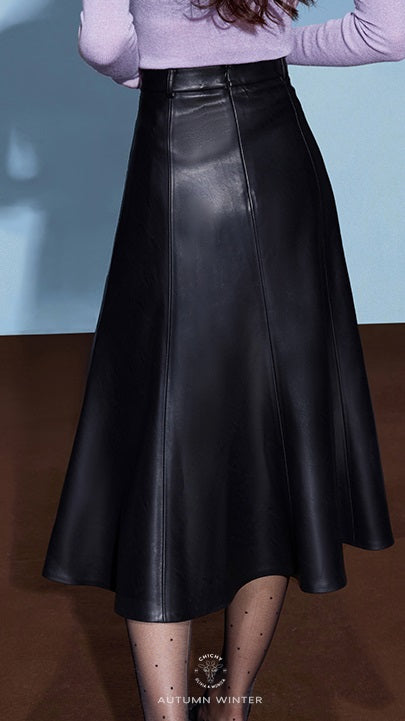 CHICHY retro socialite dark red leather long skirt-DAN