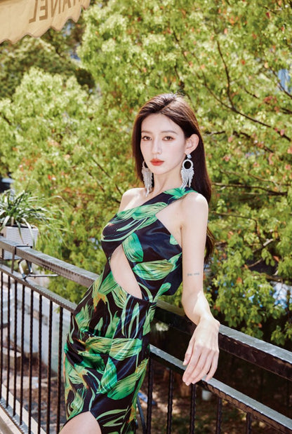 DOLLY Elegant Green Plant Print Sleeveless Slim Fit Long Slit Resort Dress-JOSEPHINA