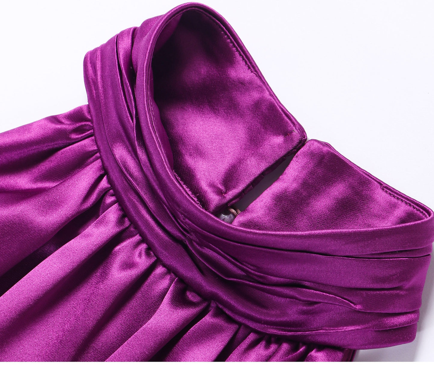 WANGXO Acetate Satin Silky Smooth Collar Cut-Out Aesthetics Shirred Waist Umbrella Top - VIOLA