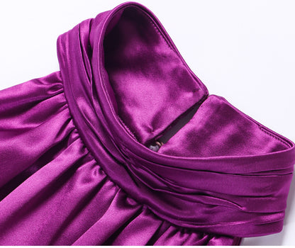 WANGXO Acetate Satin Silky Smooth Collar Cut-Out Aesthetics Shirred Waist Umbrella Top - VIOLA