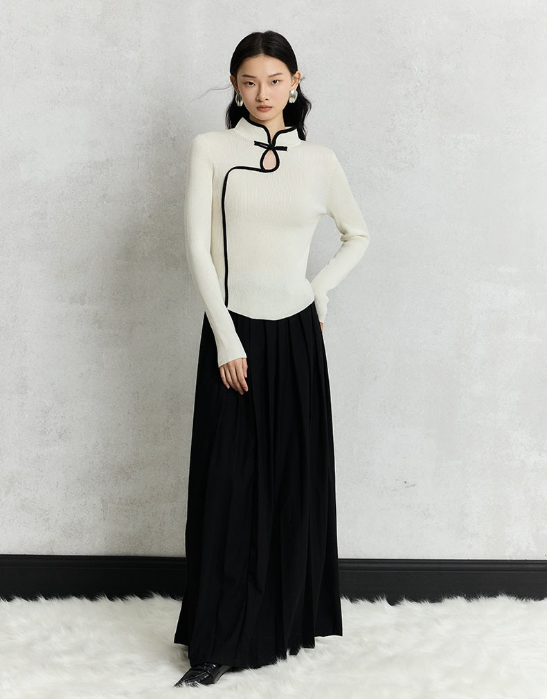 HECO Cheongsam Collar Hollow Buckle red black apricot Knitwear Slim Bottom - whom.
