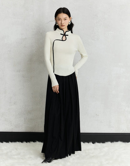 HECO Cheongsam Collar Hollow Buckle red black apricot Knitwear Slim Bottom - whom.
