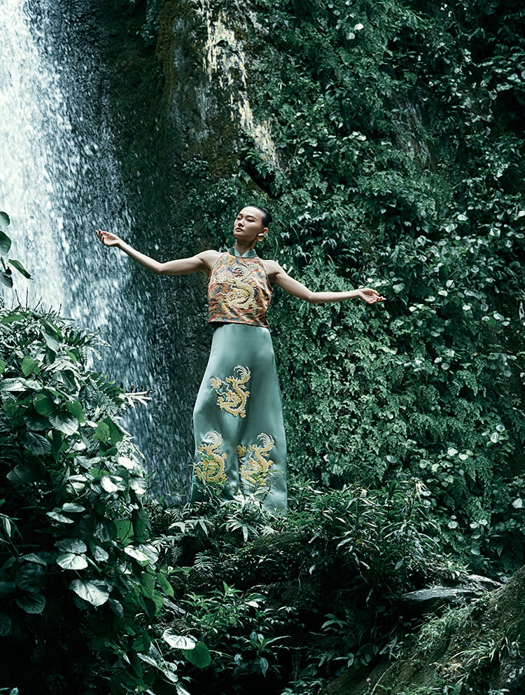 HECO Chinese Retro Mural Golden Dragon Embroidered Vest Top - ERIKA.