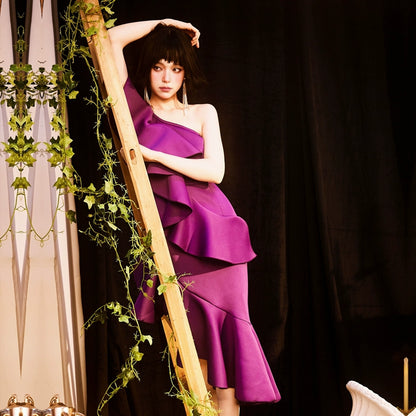 DOLLY Elegant Retro Style Deep Purple Ruffled Off Shoulder Midi Dress-PINKY