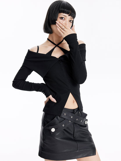 TINY IN crossover off-the-shoulder large lapel knitted long sleeve cut-out top-YOMI
