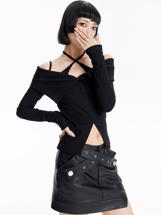 TINY IN crossover off-the-shoulder large lapel knitted long sleeve cut-out top-YOMI