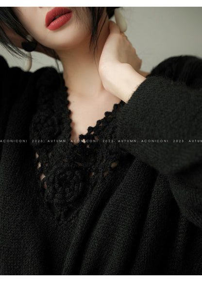 Aconiconi|Purple Flower Crochet openwork long cropped loose wool knit sweater  dress - Twilight