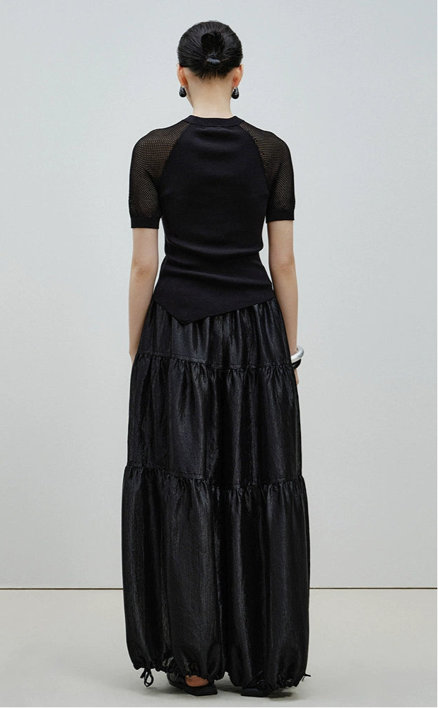 ZHUCHONGYUN black mesh short sleeves assymetrical hemline top-GRANT.