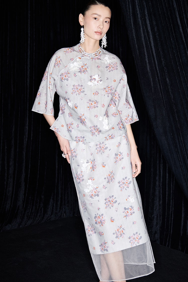 M essential Ma Kay designer Jinghe printed fabric floral nail beads top - JULY.