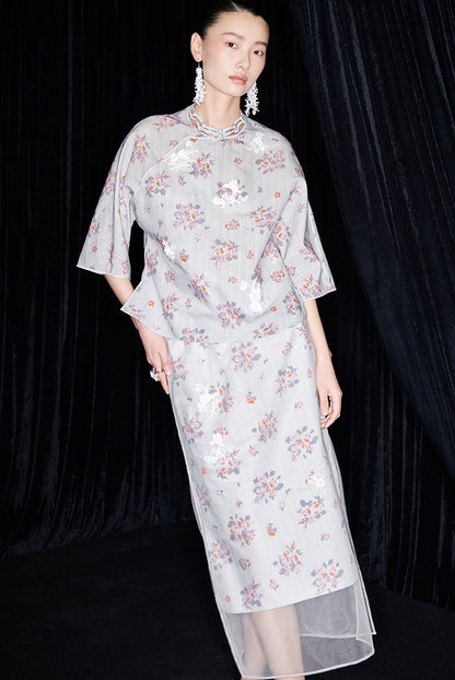 M essential Ma Kay designer Jinghe printed fabric floral nail beads top - JULY.