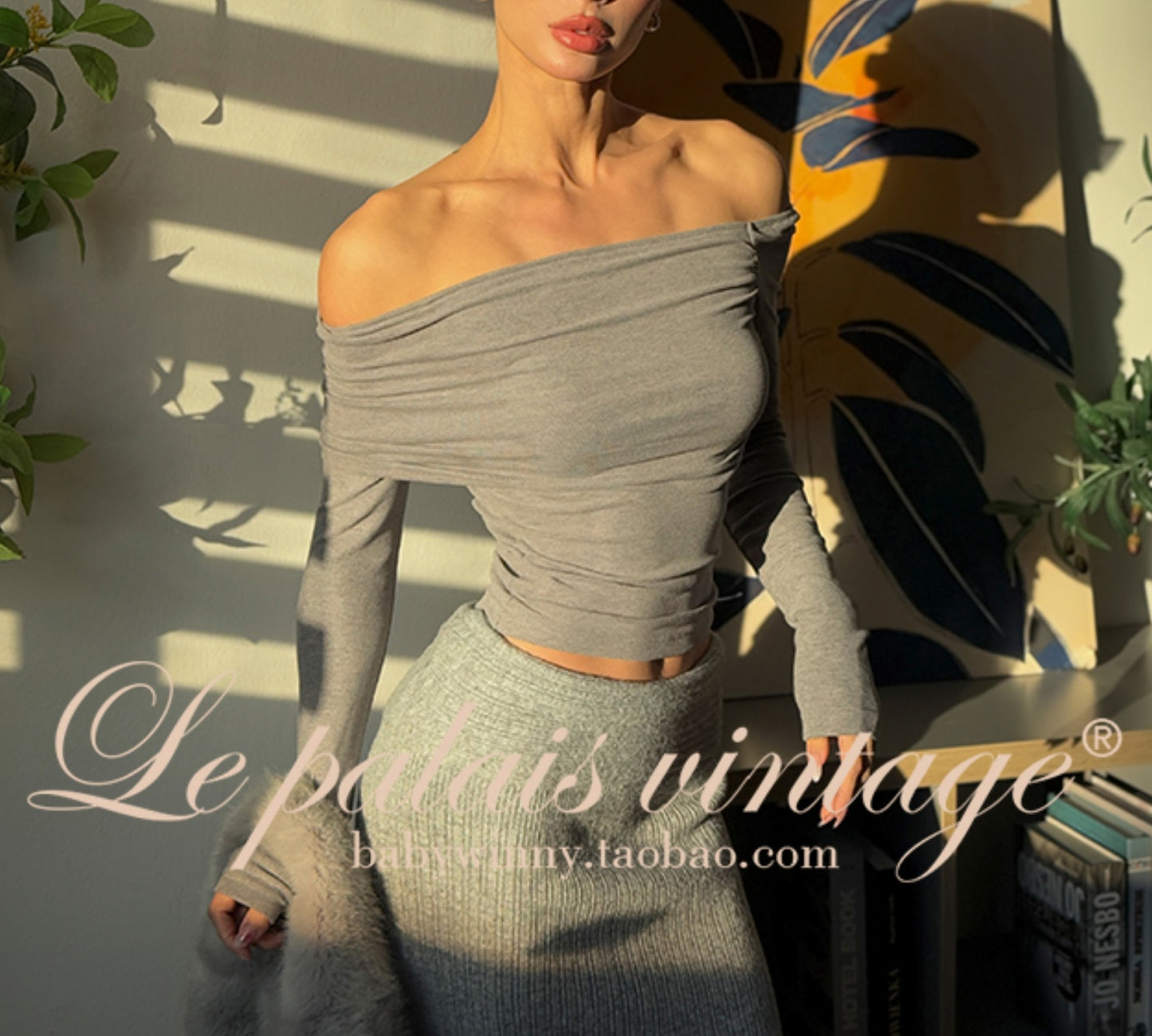 Le Palais Vintage Autumn/Winter Gray Wool Knit Wrap Long Skirt-FERA