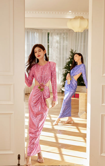 DOLLY Elegant Crew Neck Long Sleeve Slim Fit Sequin Long Evening Dress-IIANA