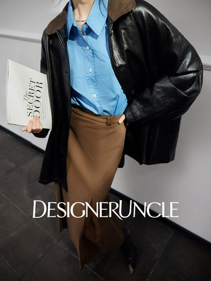 DGU "Obsidian Black" black leather jacket Haining sheepskin versatile top - Eric.