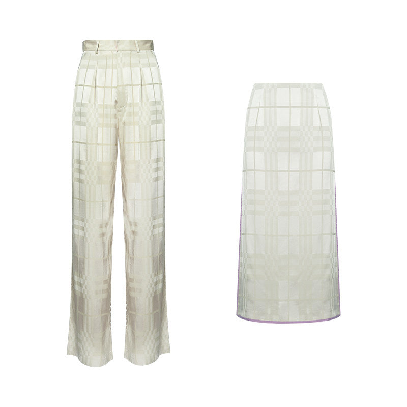TUYUE Silver Gray Acetate Woven Satin Skirt Pants Suit Layering- CARLA.