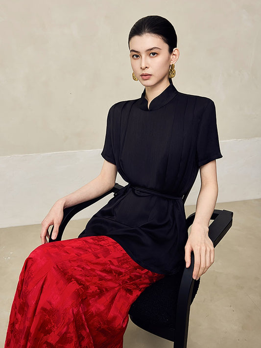 HECO acetate press-pleated cinched waist black white texture t-Shirt - NONE.