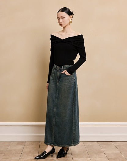 HECO  long-sleeved black red knitwear off-the-shoulder spring - DREAM.