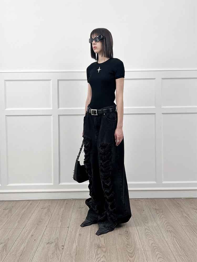 ANNAKIKI  Designer Women's Niche Black Ripped Distressed Jeans Wide-leg Pants-SPIKE
