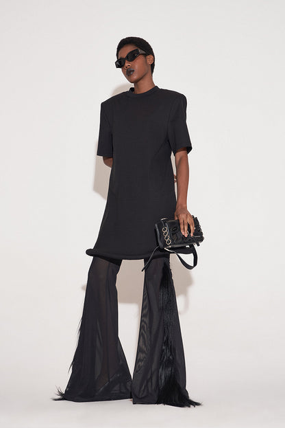 ANNAKIKI Black Saucer Hem Shoulder Padded Loose Dress-SHIRA