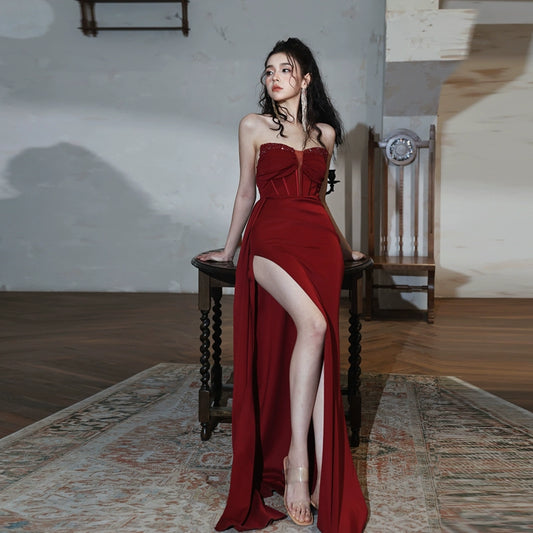DOLLY Elegant Red Rhinestone Corset Tube Top Long Slit Cocktail Dress-NIKA  (V)