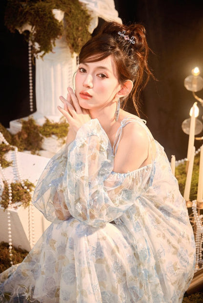 DOLLY Elegant Blue French Style Floral Off Shoulder Loose Glitter Resort Dress-TEE