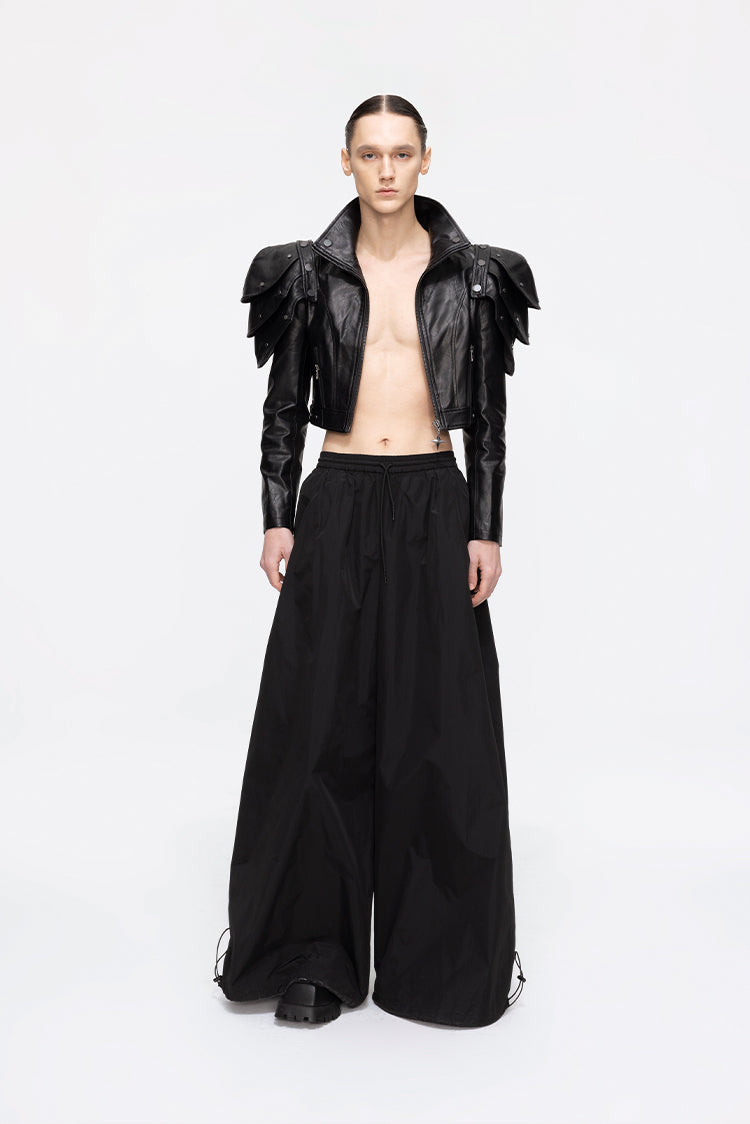 ANNAKIKI black deconstructed three-dimensional short leather jacket-AZUSA