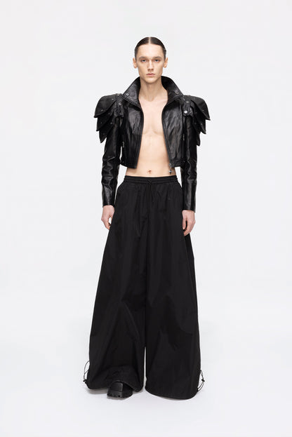 ANNAKIKI black deconstructed three-dimensional short leather jacket-AZUSA