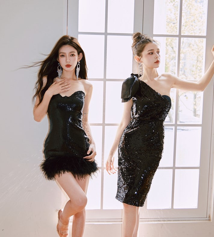 DOLLY Elegant Black One Shoulder Sequin Tube Top Short Feather Party Dress-MAVIS