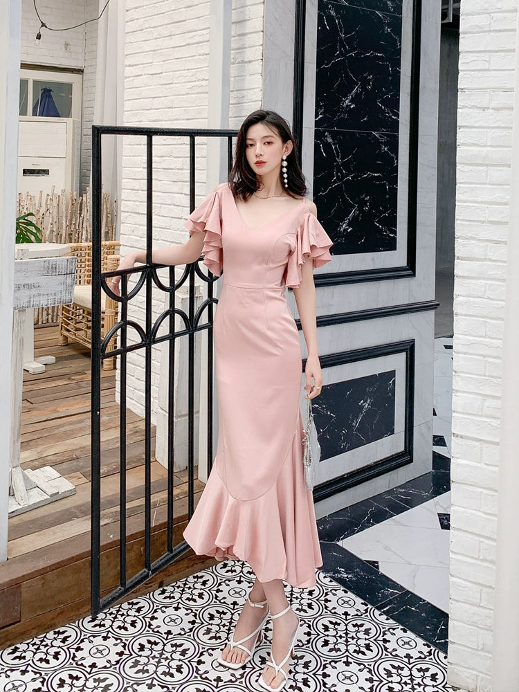 DOLLY Luxury Pink French Style V-Neck Ruffle Sleeve Long Wedding Guest Dress-MARON