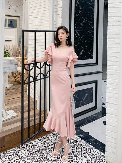 DOLLY Luxury Pink French Style V-Neck Ruffle Sleeve Long Wedding Guest Dress-MARON