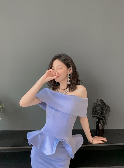 DOLLY High End Off Shoulder Peplum Tube Top Slim Fit Wedding Guest Dress-HANS