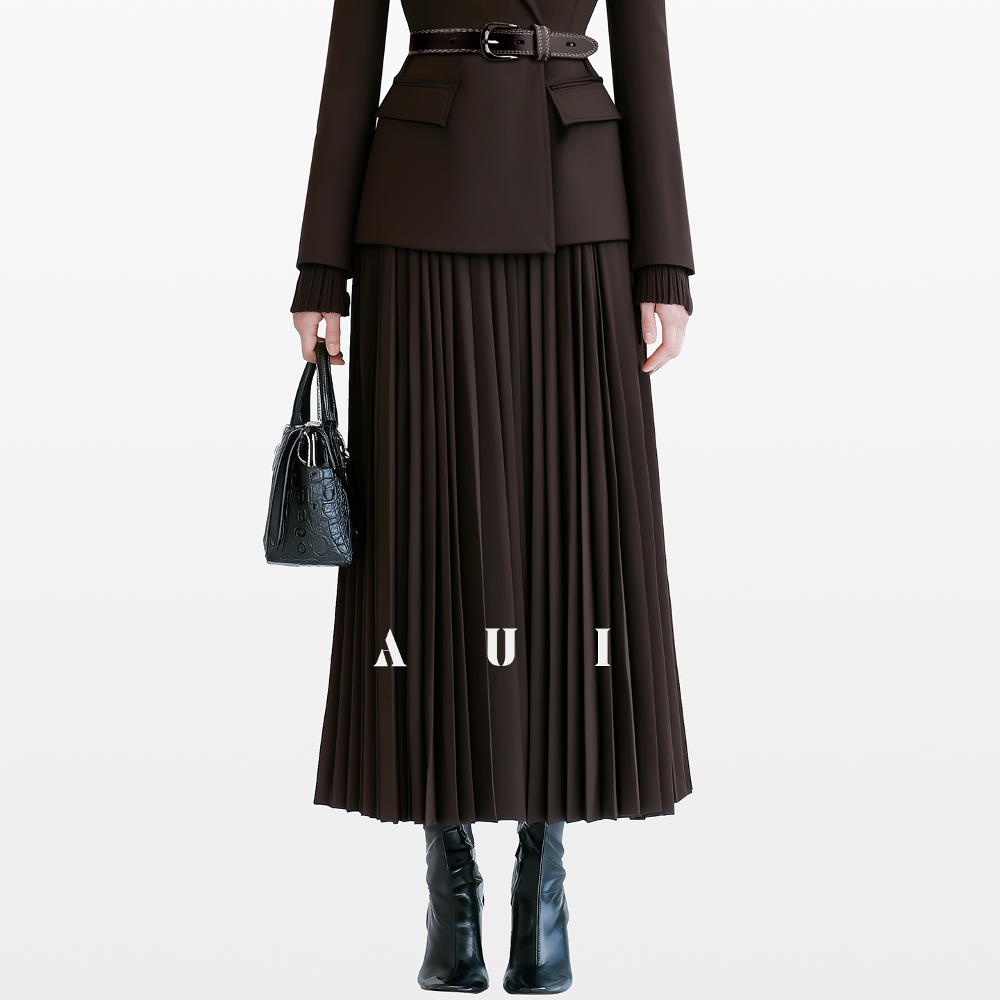 AUI Mocha Blazer Professional Commuter Pleated Two-Piece Suit Skirt - Hea.