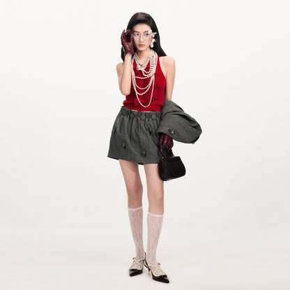 FAME Three-Dimensional Bow Flower Beaded Box-Type Wide Short Skirt - AIDEN.