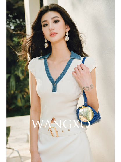 WANGXO | Soft Glutinous Knit & Contrasting High-Quality Denim V-Neck Slim Top -NIVA