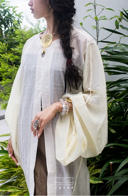 TUYUE off-white round neck pipa sleeves Tencel thin silk spliced robe jacket- RAY