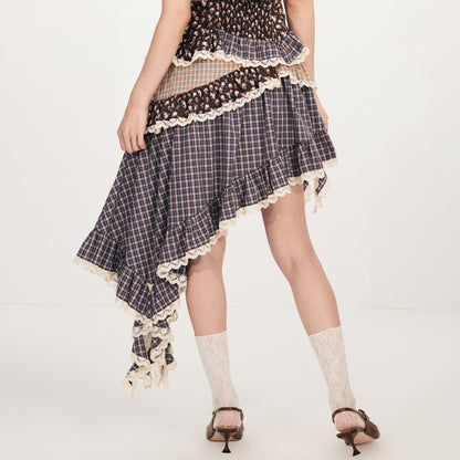 FAME Retro Check Floral Splicing Pastoral Irregular Skirt - CAIUS.