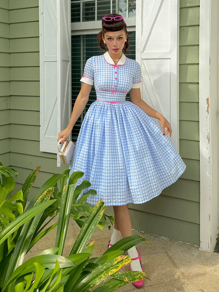 Le Palais Vintage Blue Plaid Waist Swing Skirt Puffy Skirt-SEM