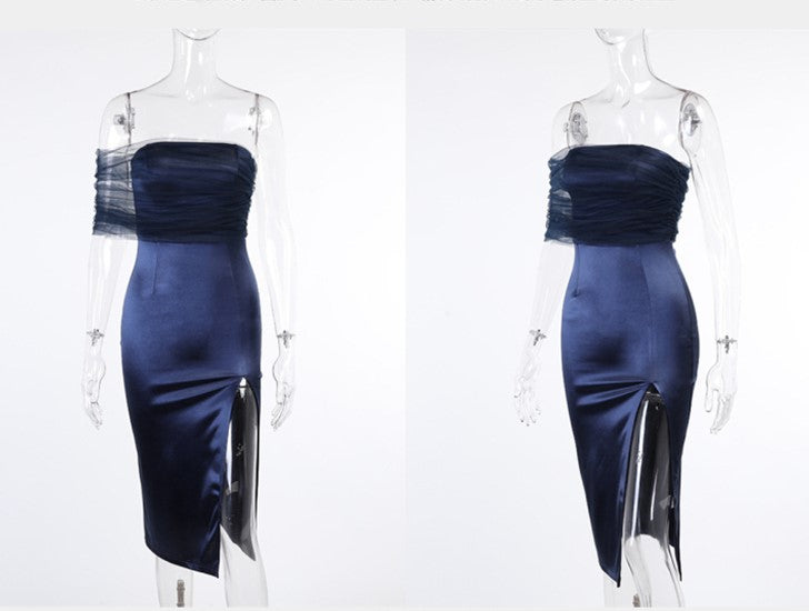 DOLLY Elegant Royal Blue One Shoulder Chest Wrap Slim Fit Slit Dinner Dress-ALLEGRA