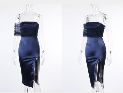 DOLLY Elegant Royal Blue One Shoulder Chest Wrap Slim Fit Slit Dinner Dress-ALLEGRA