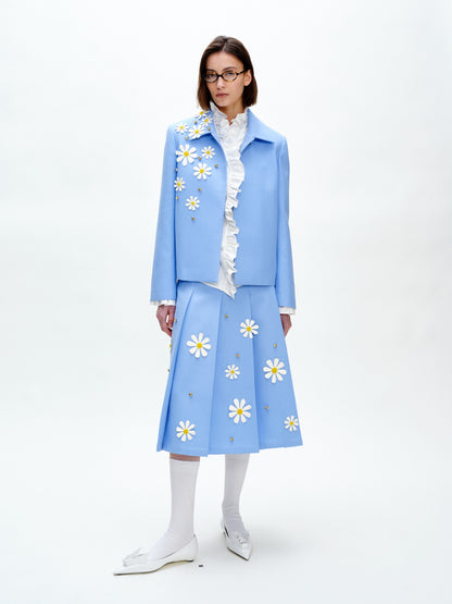 SERRER Small daisy flower hand-studded beaded light blue pleated skirt - AISHA.