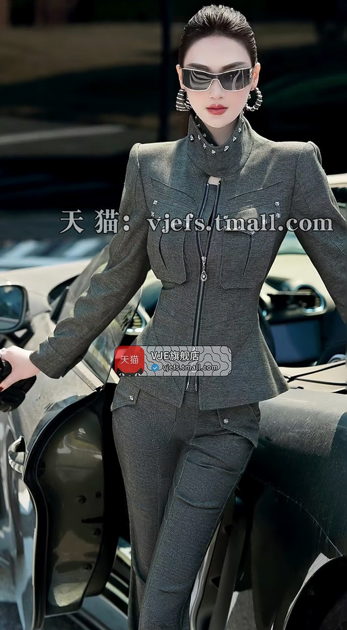 VJE denim top straight-leg pants two-piece set suit-MEA.
