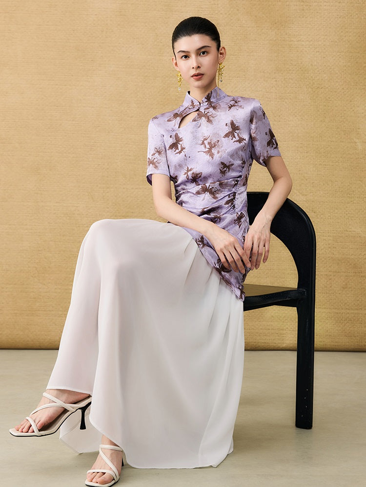 HECO Chinese Style Stand Collar Cut-out Pleated Short Cheongsam Dress - BIRD.