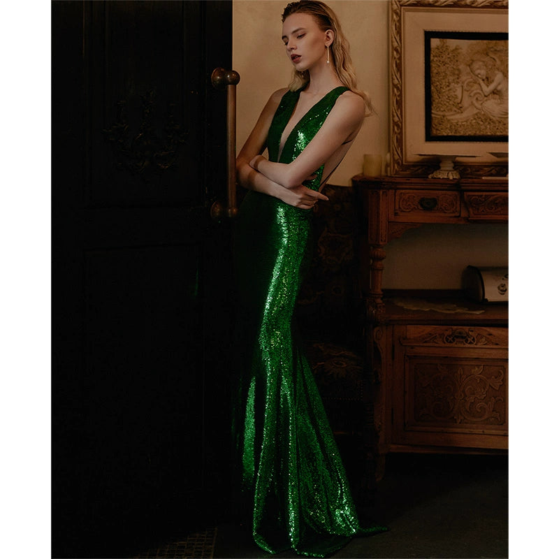 GOUDIN light luxury black long sequin evening dress-MIA.