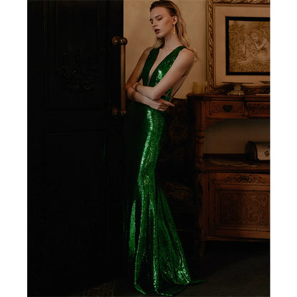 GOUDIN light luxury black long sequin evening dress-MIA.