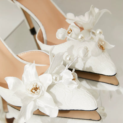 B-FEI white flower wedding ankle strap high heel shoes-MIJI.