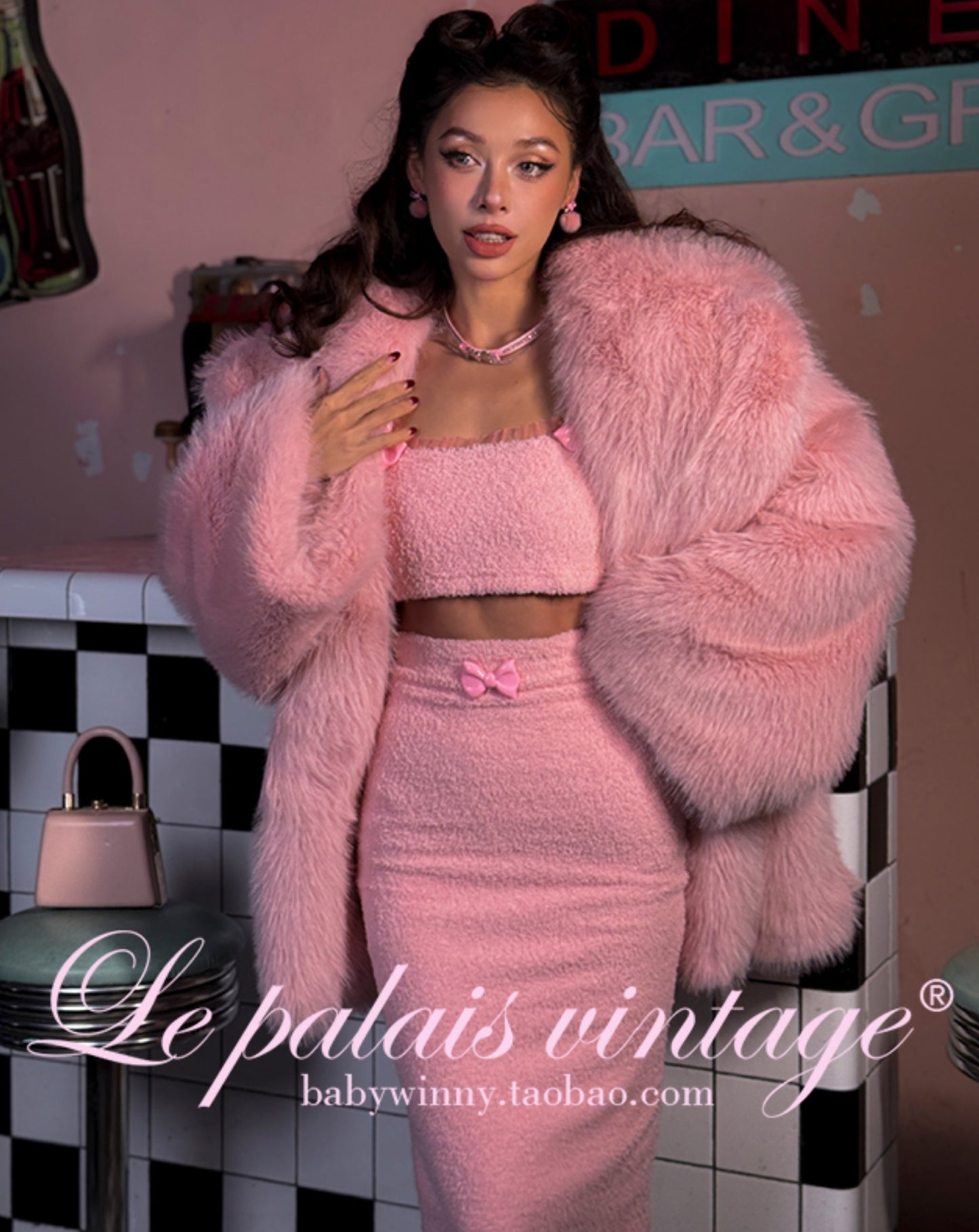 Le Palais Vintage Pink Plush Crop Top + Hip Skirt Set