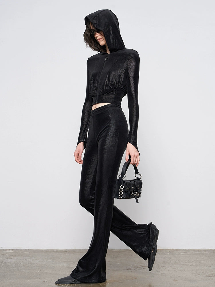 ANNAKIKI Glossy Black Hot Diamond Horseshoe Pants Women's Bootcut Pants-FUMI