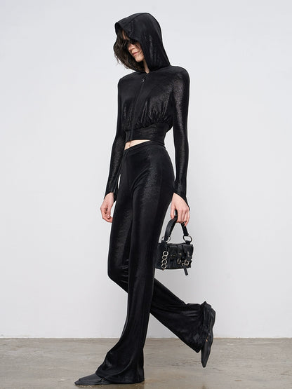 ANNAKIKI Glossy Black Hot Diamond Horseshoe Pants Women's Bootcut Pants-FUMI