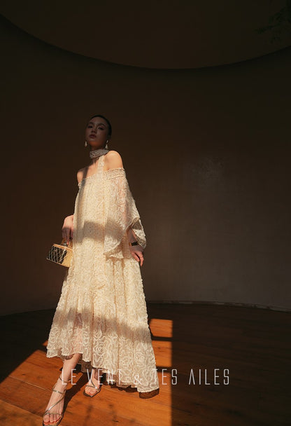 LE VENT&TES AILES Luxury off-Shoulder Lace Jacquard 3d Detailing white Dress- ZORA